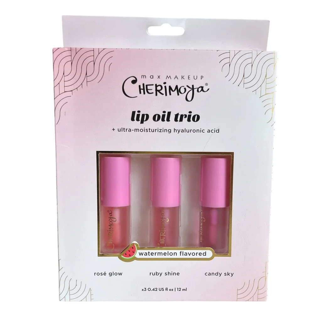 Max Makeup Cherimoya Tinted Glossy Lip Oil Trio Watermelon Hyaluronic Acid